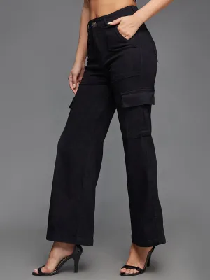 24/7 comfort Women's Black Wide-Leg High-Rise Clean-Look Regular-Length Stretchable Denim Cargo Jeans