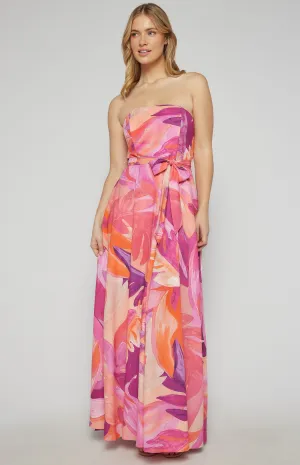 Abstract Print Strapless Maxi Dress- Pink