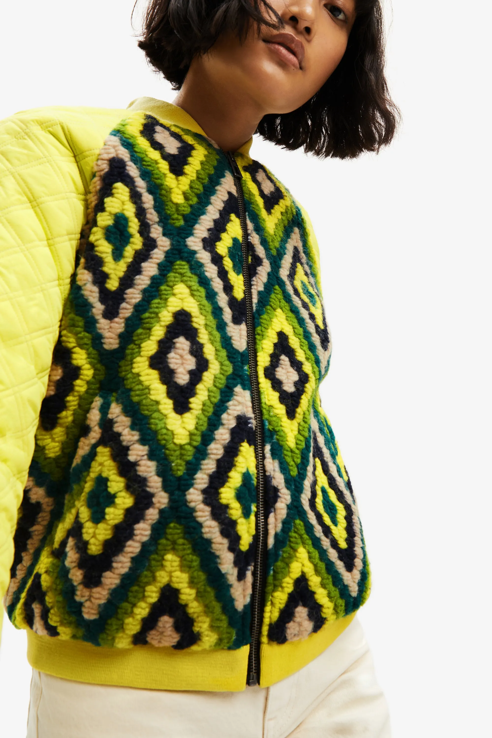 Baltimore Yellow Crochet Padded Bomber Jacket Desigual Style 22WWEW78
