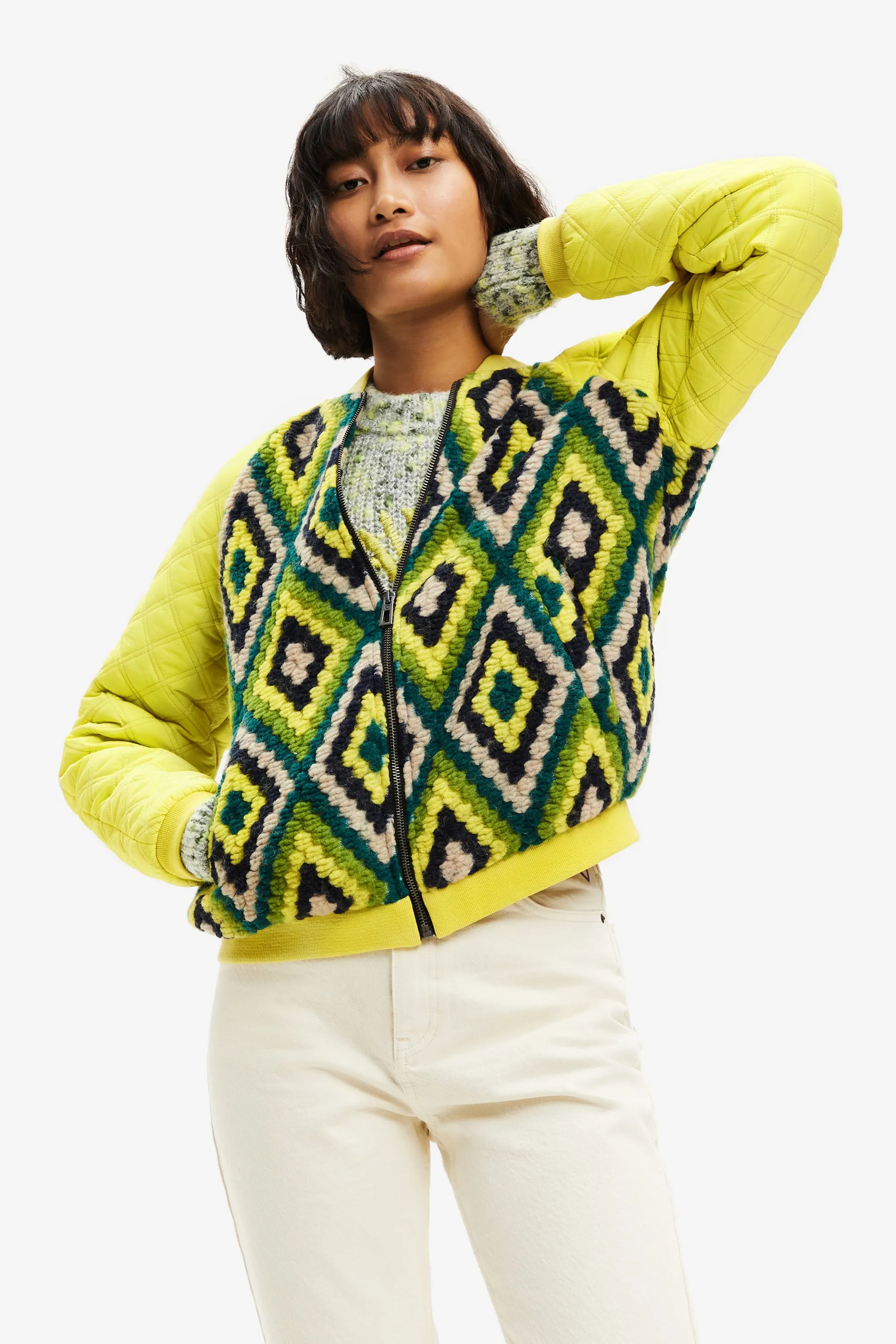 Baltimore Yellow Crochet Padded Bomber Jacket Desigual Style 22WWEW78