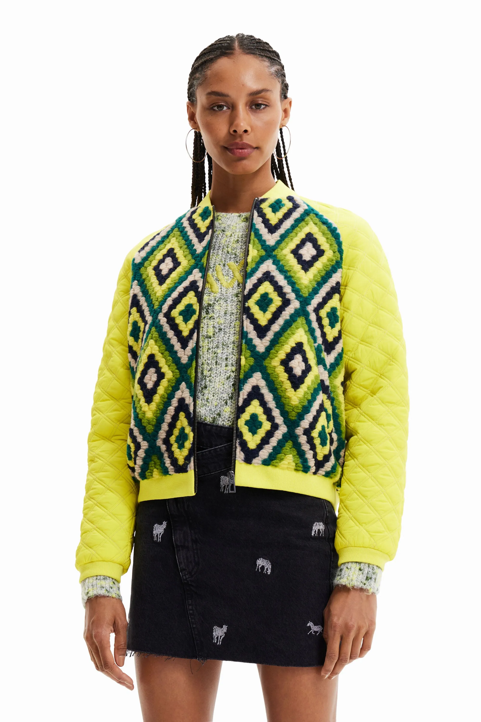 Baltimore Yellow Crochet Padded Bomber Jacket Desigual Style 22WWEW78