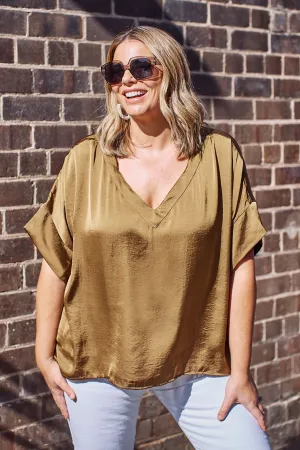 Bianca Short Sleeve Top Khaki with V Neck