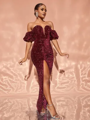 Chic Off Shoulder Puff Sleeve Split Sequin Party Dress