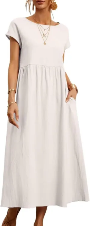 Costaric Cotton Dresses for Women 2025 Women's Summer Short Sleeve Midi Dress Casual Loose Beach Dress with Pockets