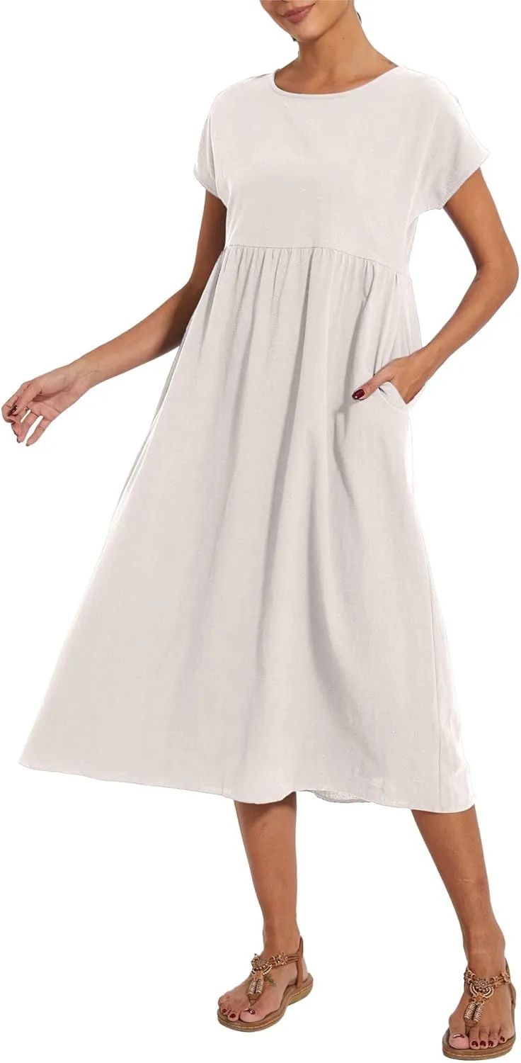 Costaric Cotton Dresses for Women 2025 Women's Summer Short Sleeve Midi Dress Casual Loose Beach Dress with Pockets