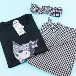 Kuromi Checkered Pajamas With Headband Set