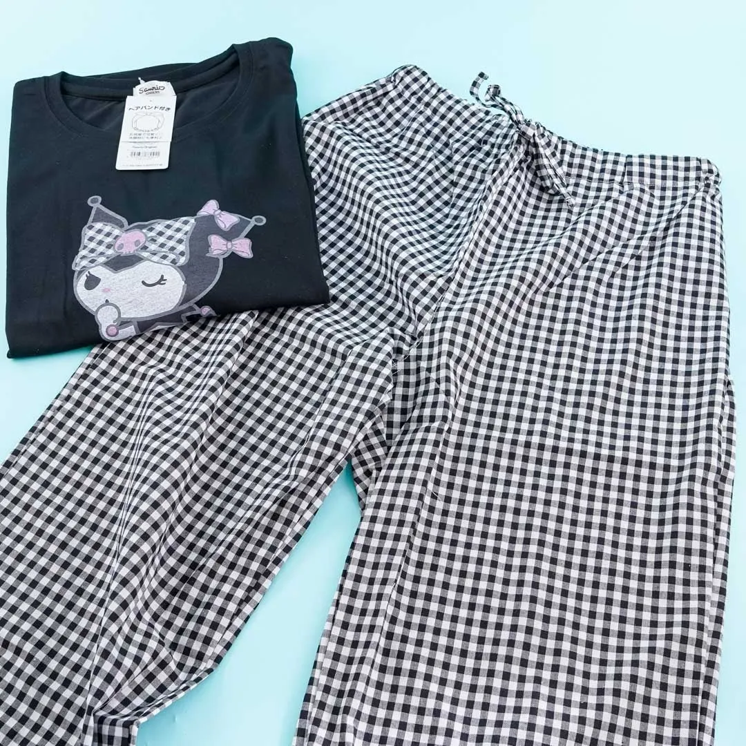 Kuromi Checkered Pajamas With Headband Set