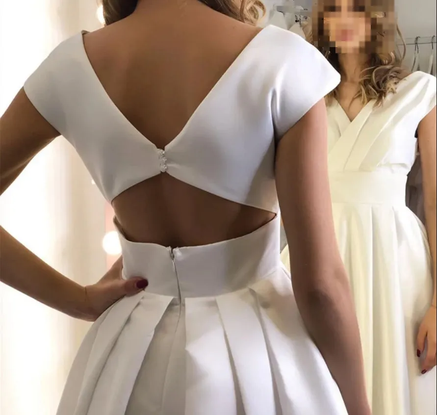 Luolandi Capped Sleeves Wedding Dresses V Neck Ruched Side Split Long Bridal Gowns Sexy Evening Dress