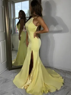 Luolandi Delicate Jewel Mermaid Prom Dresses Satin Gowns With Slit Sleeveless Sexy Evening Dress