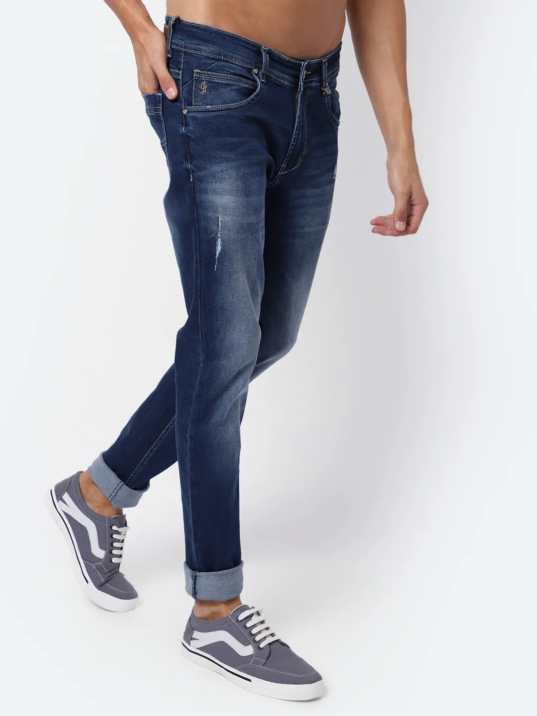 Men's Ultra Narrow fit Heavy Fade Medium Carbon Blue Ripped Lightly Jeans