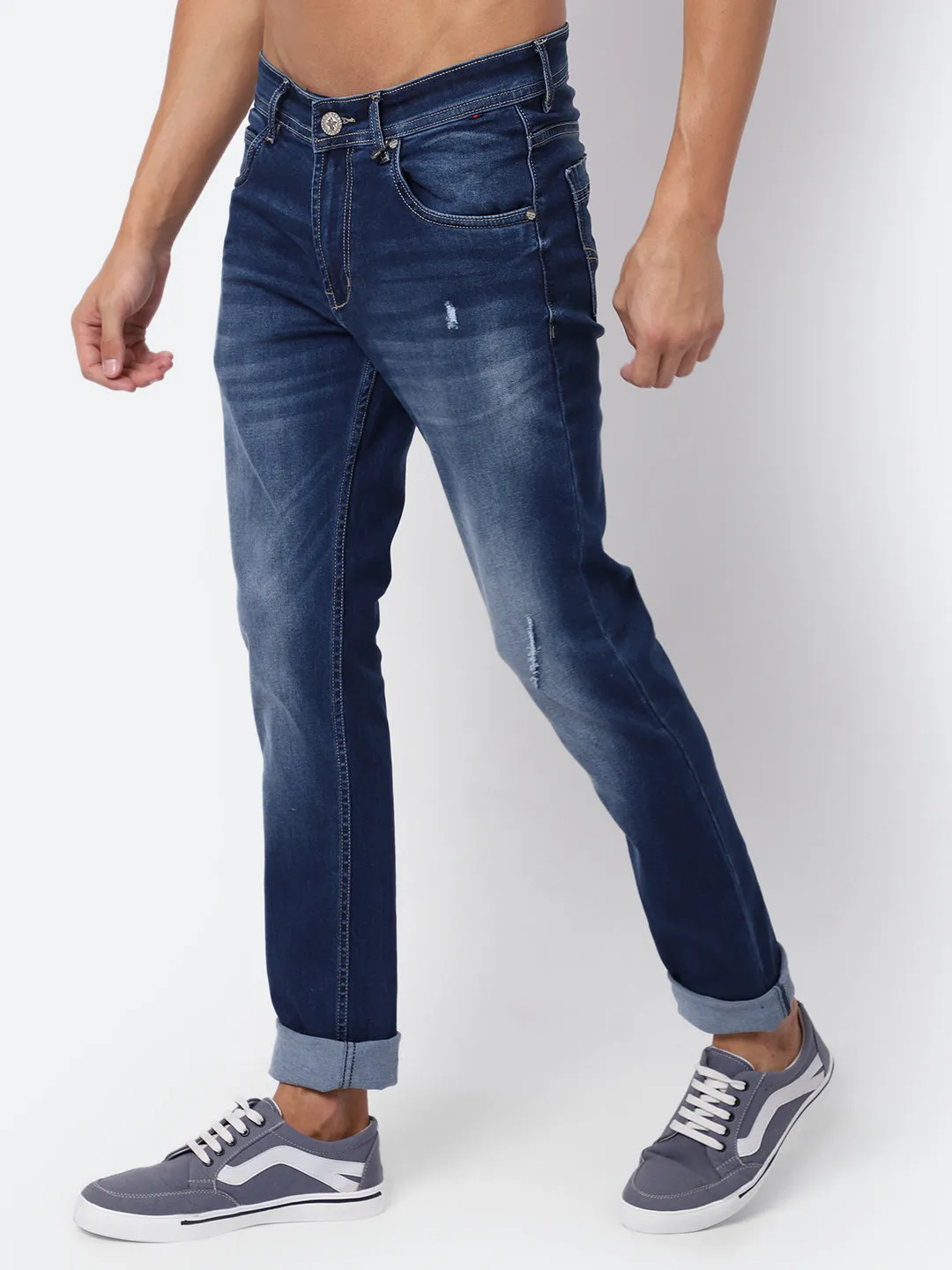 Men's Ultra Narrow fit Heavy Fade Medium Carbon Blue Ripped Lightly Jeans