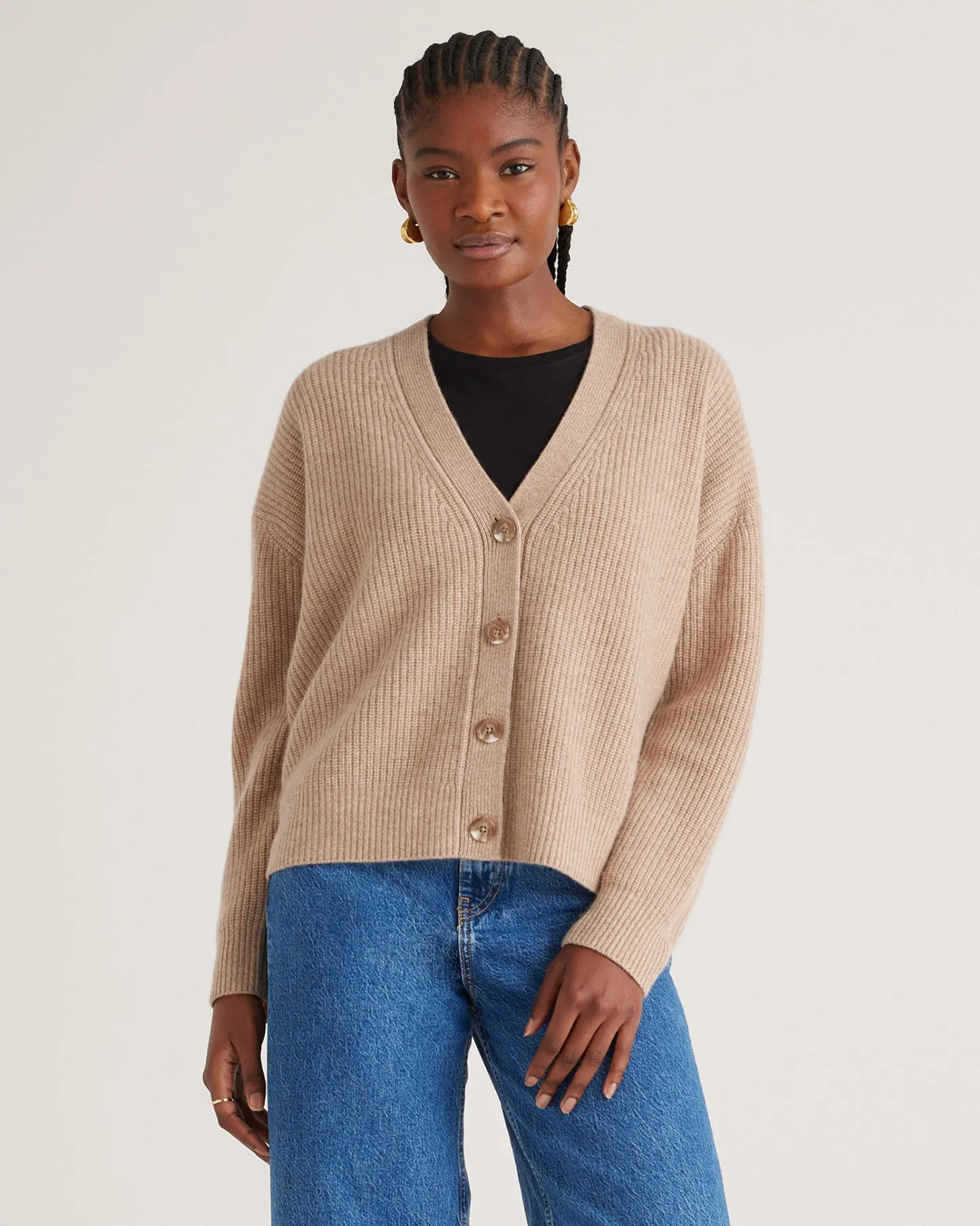 Mongolian Cashmere Fisherman Boxy Cropped Cardigan Sweater