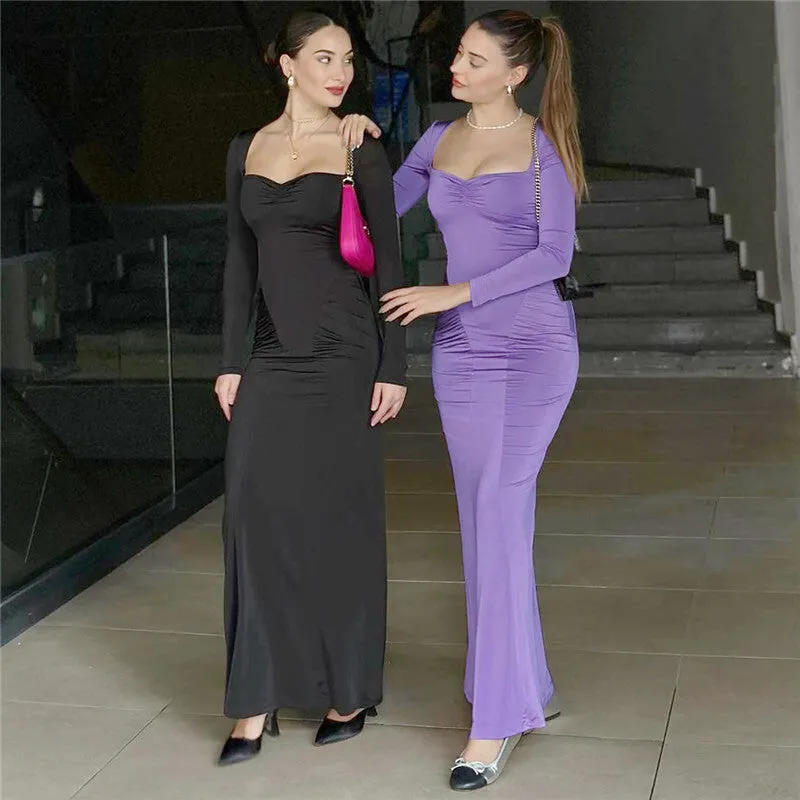 Pamela Square Collar Long Sleeve Sexy Long Dress