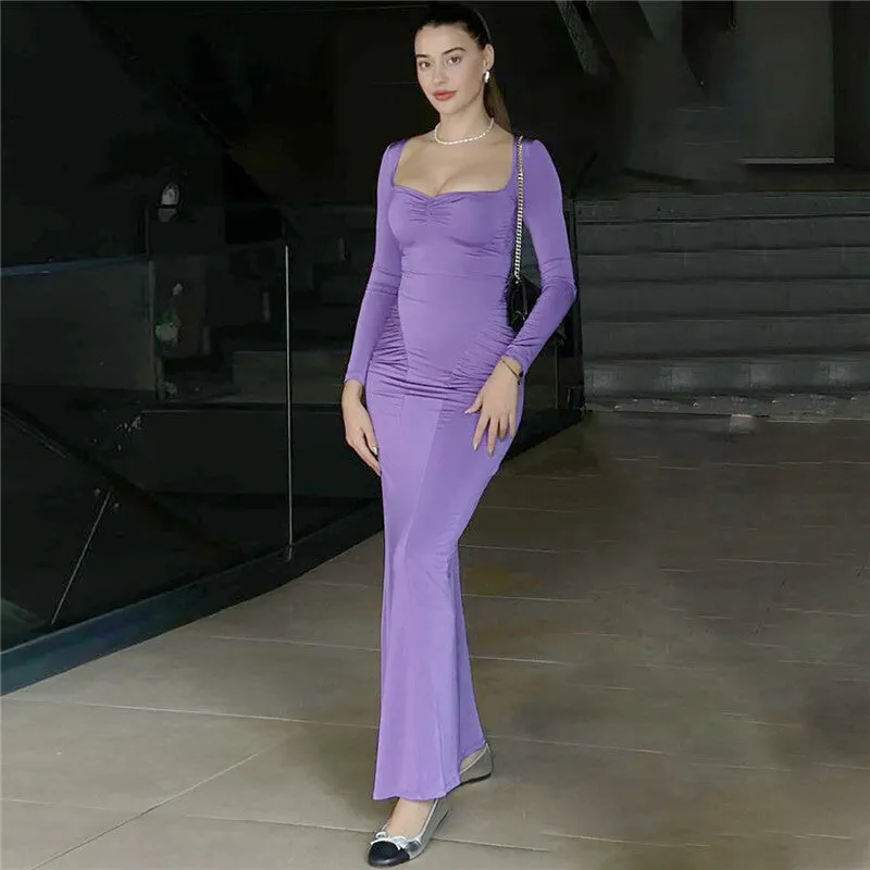 Pamela Square Collar Long Sleeve Sexy Long Dress