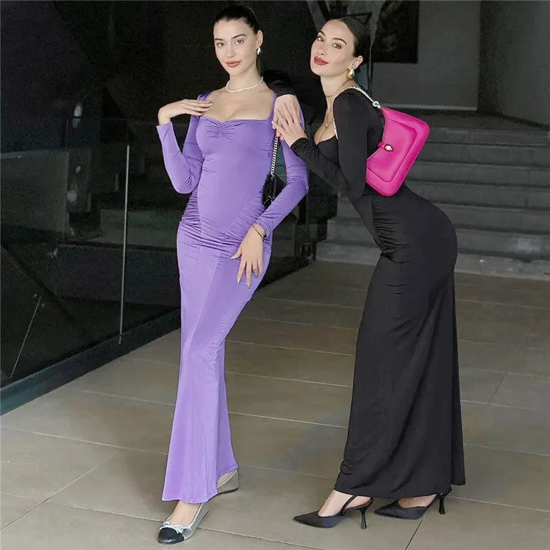 Pamela Square Collar Long Sleeve Sexy Long Dress