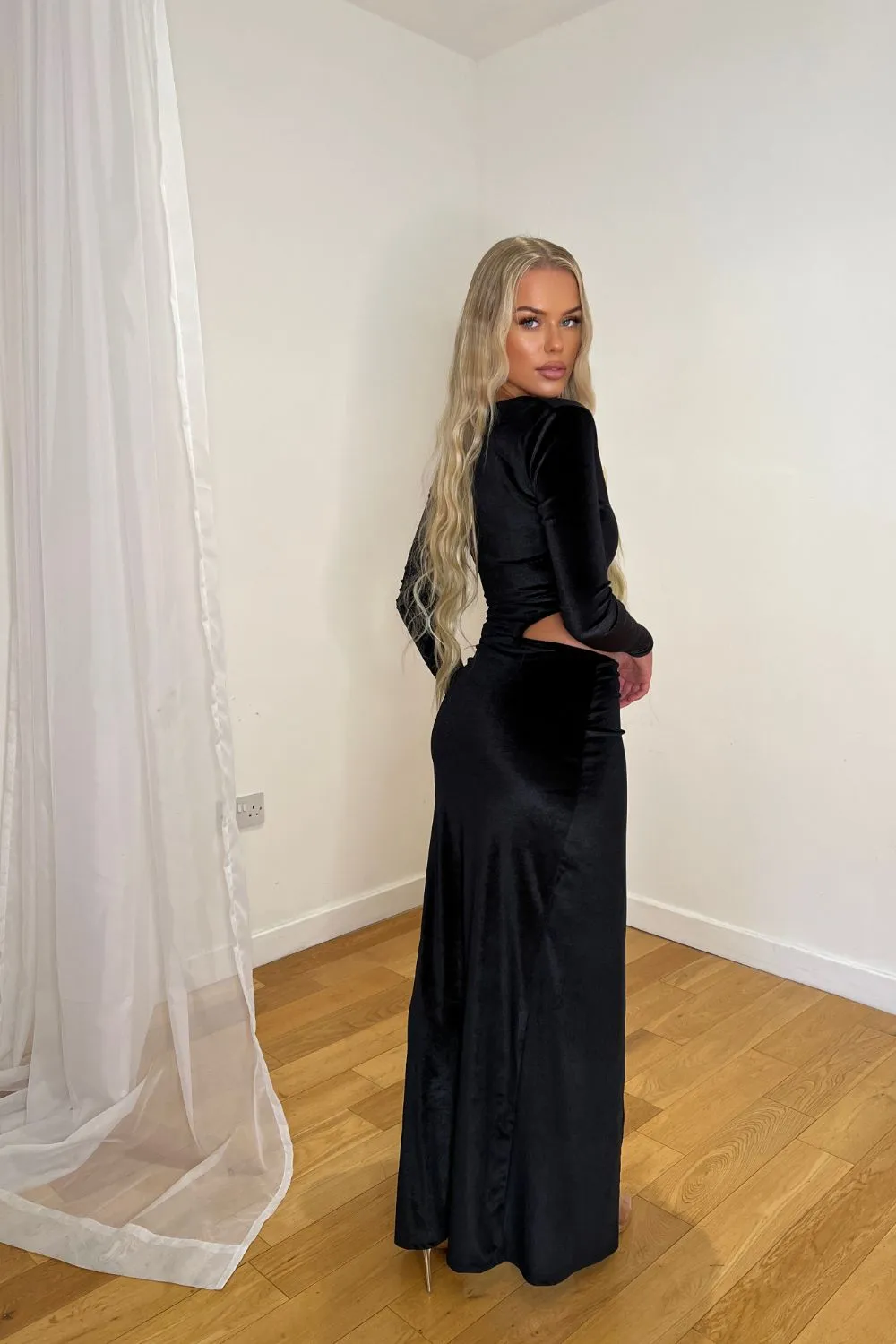 Rianna Black High Neck Velvet Ruched Detail One Sleeve Slit Maxi Dress