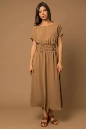 Short Cap Sleeve Smocked Waist Midi Dress