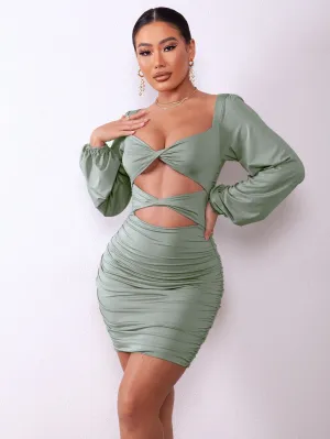 Twist Front Cutout Ruched Bodycon Dress