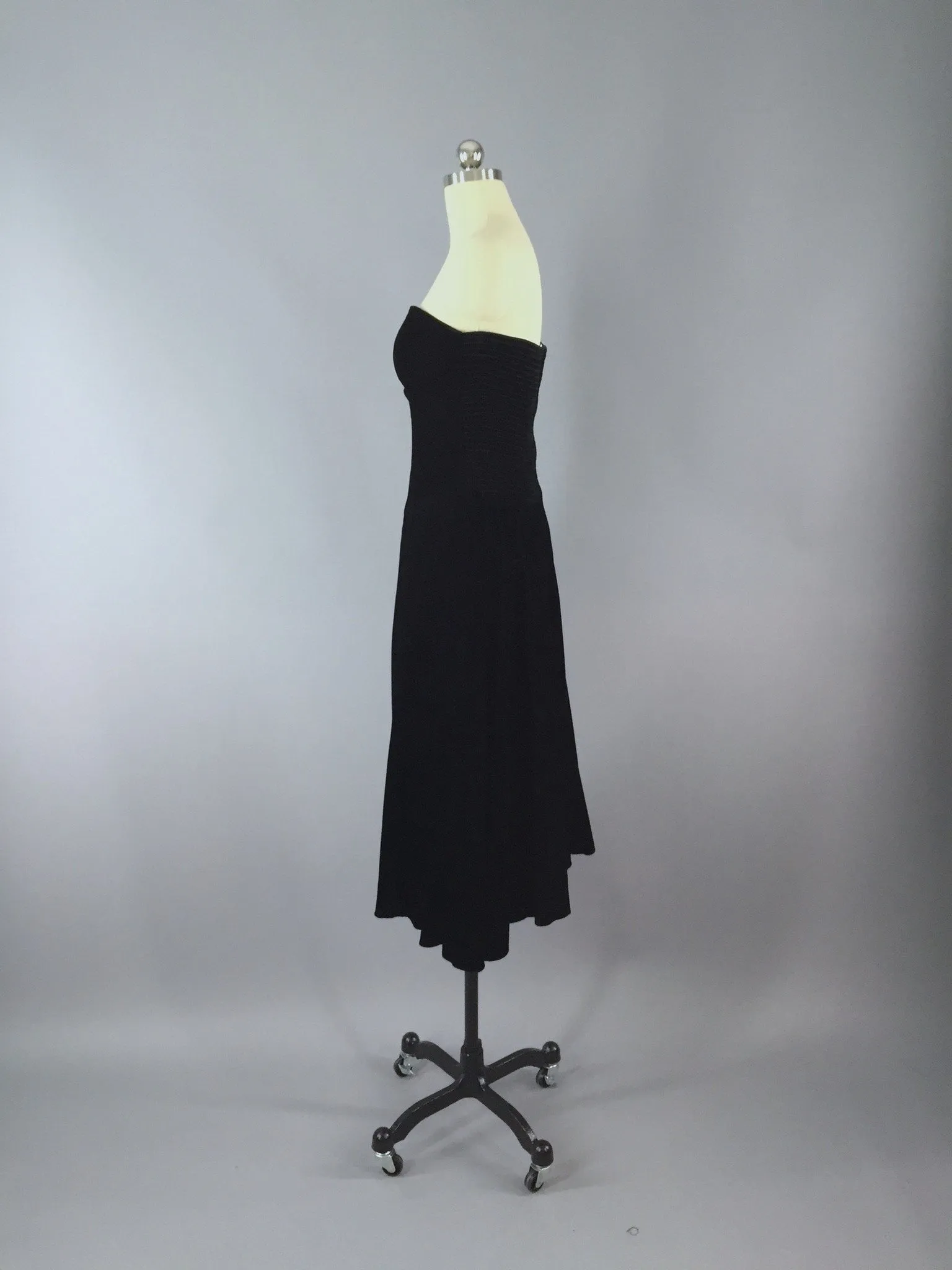 Vintage 80s Dress / Strapless Black Velvet