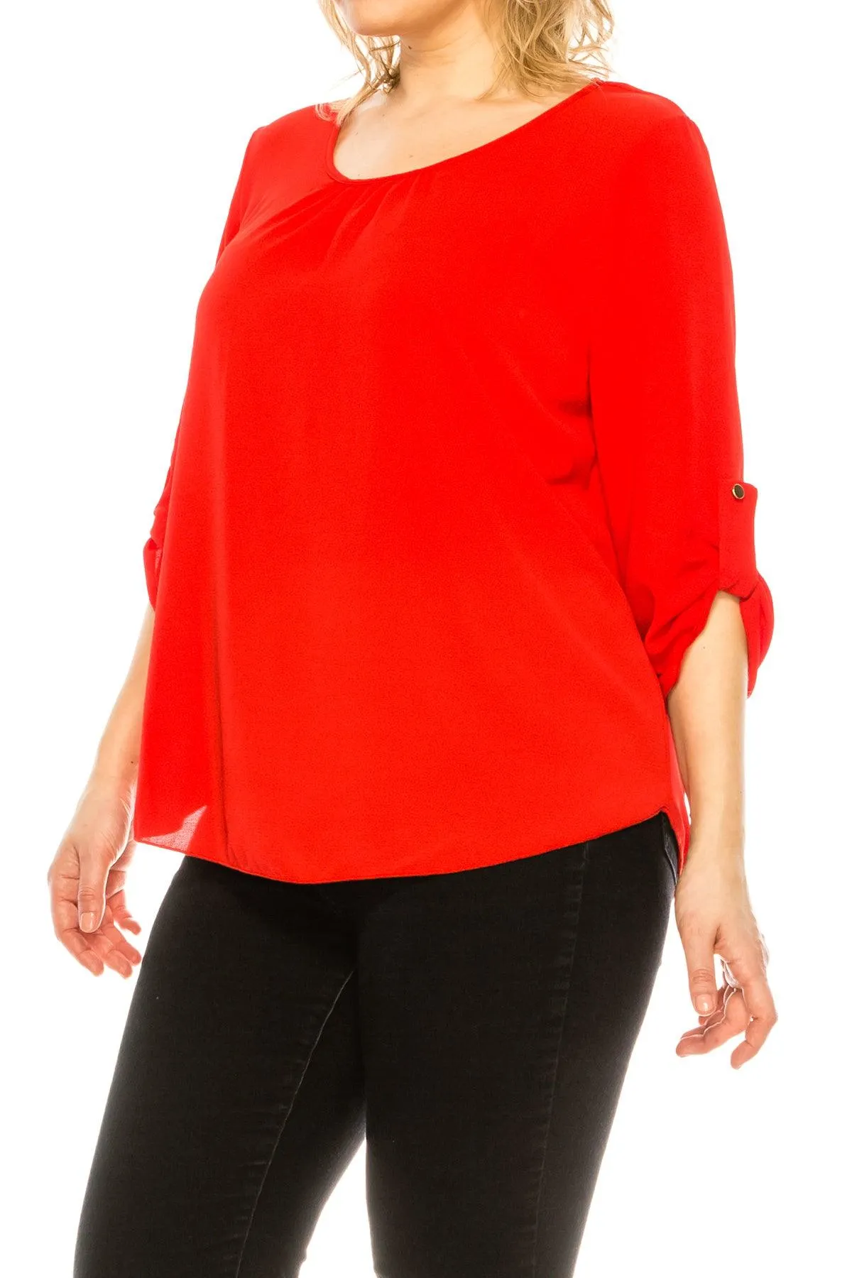 Women's Plus Size Casual Round Neck Loose Fit Roll Tab 3/4 Sleeve Blouse