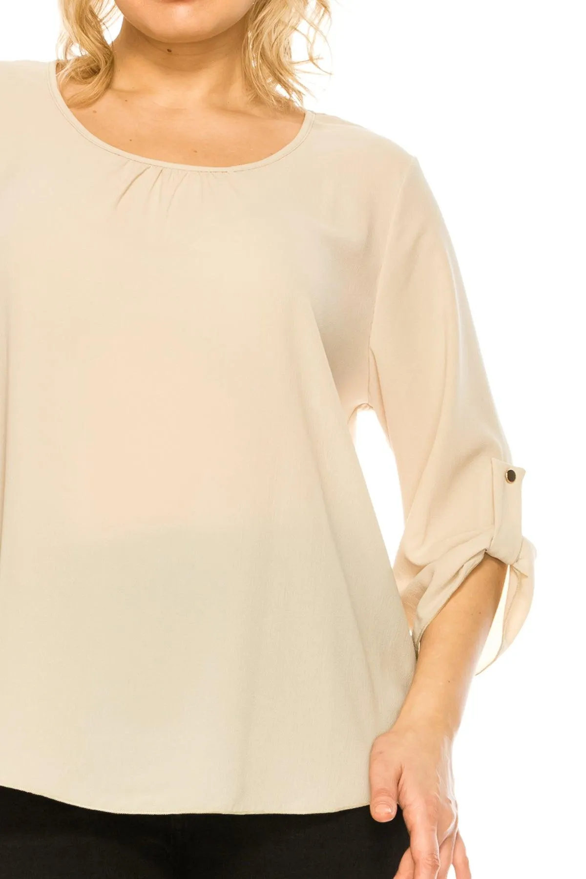 Women's Plus Size Casual Round Neck Loose Fit Roll Tab 3/4 Sleeve Blouse
