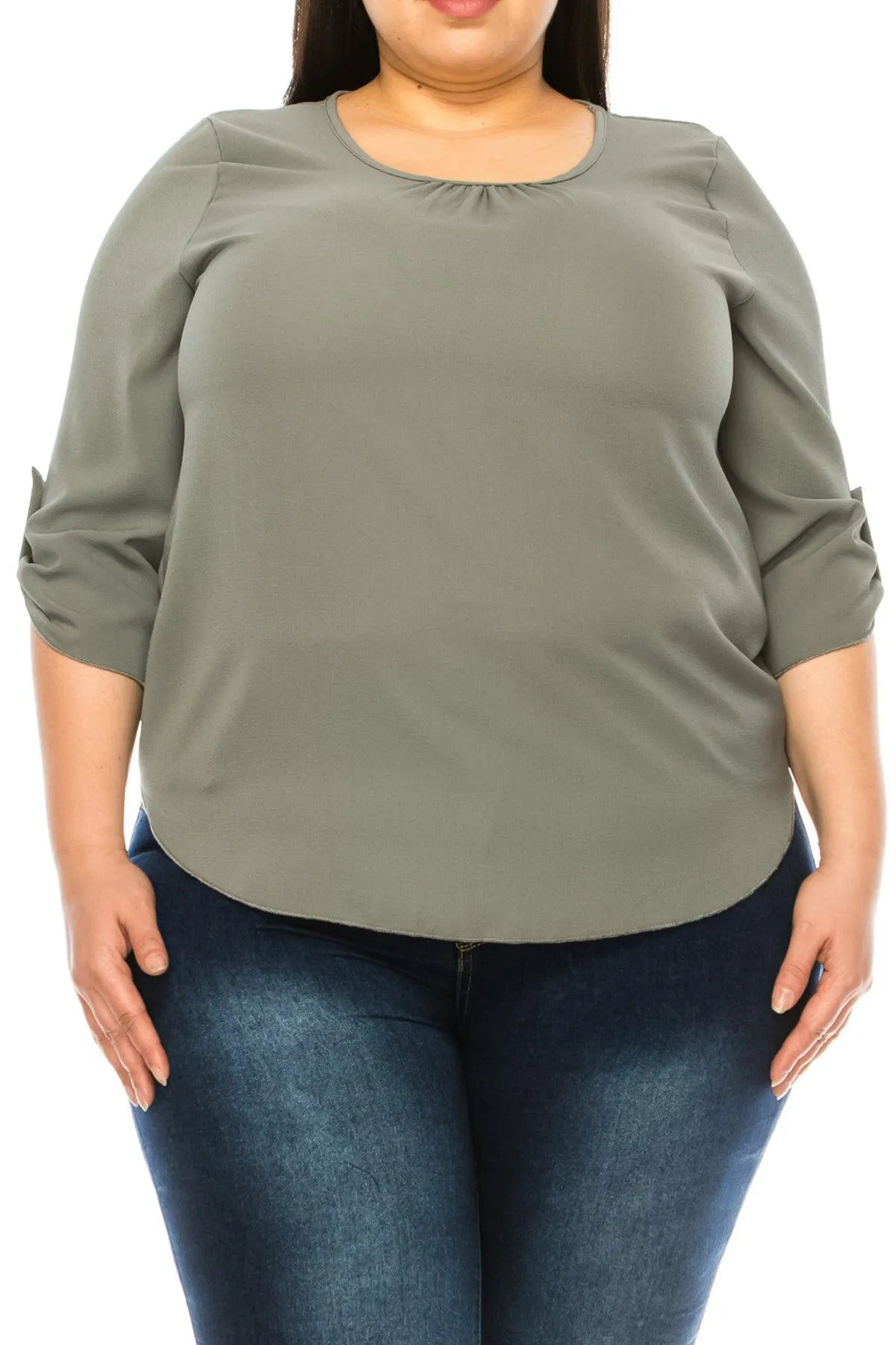 Women's Plus Size Casual Round Neck Loose Fit Roll Tab 3/4 Sleeve Blouse