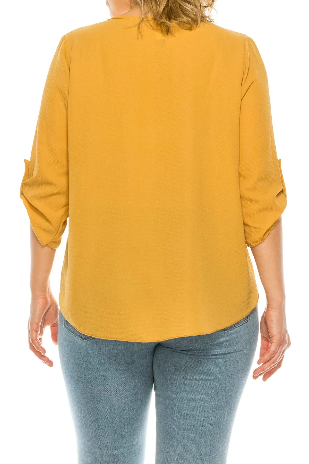 Women's Plus Size Casual Round Neck Loose Fit Roll Tab 3/4 Sleeve Blouse