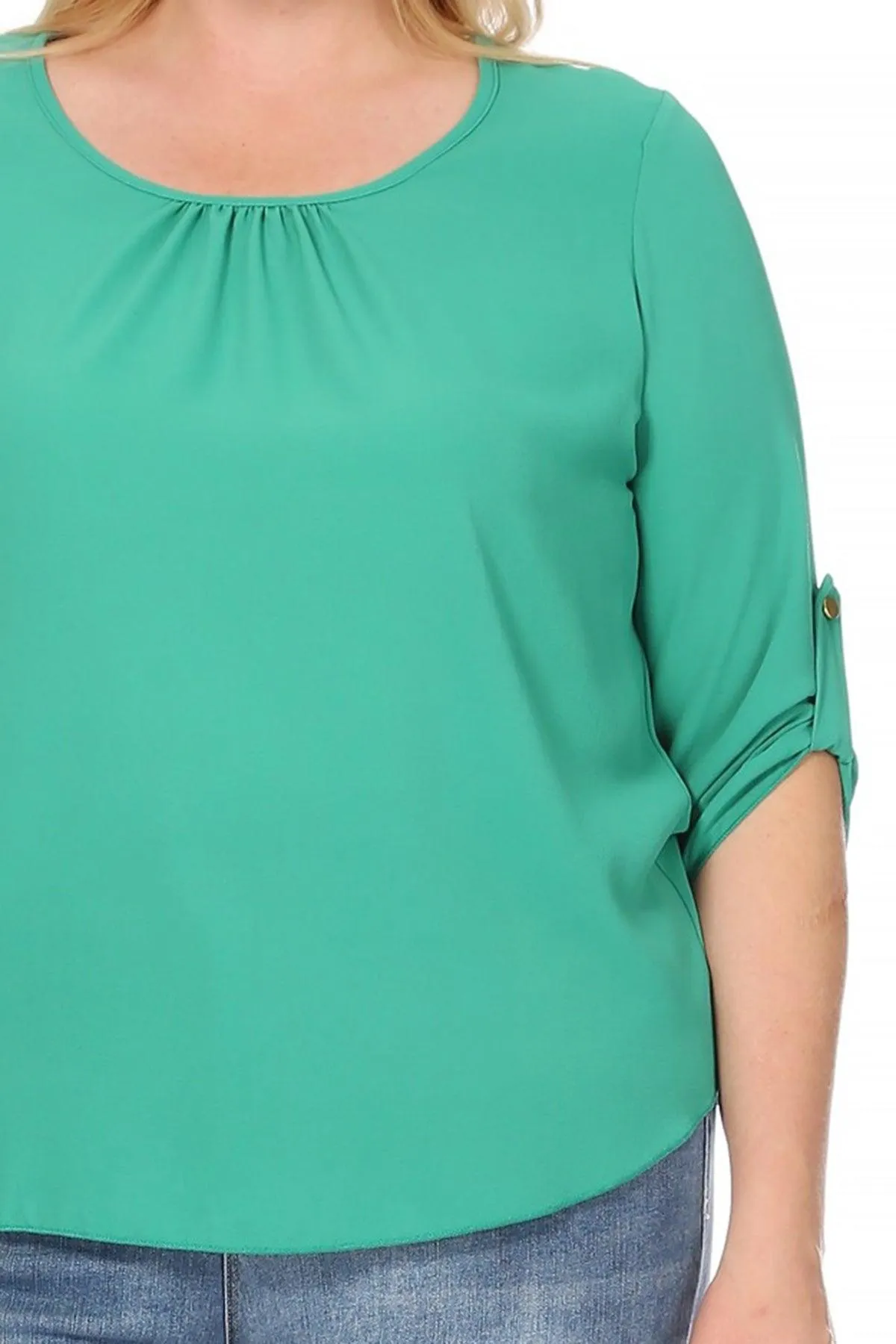Women's Plus Size Casual Round Neck Loose Fit Roll Tab 3/4 Sleeve Blouse