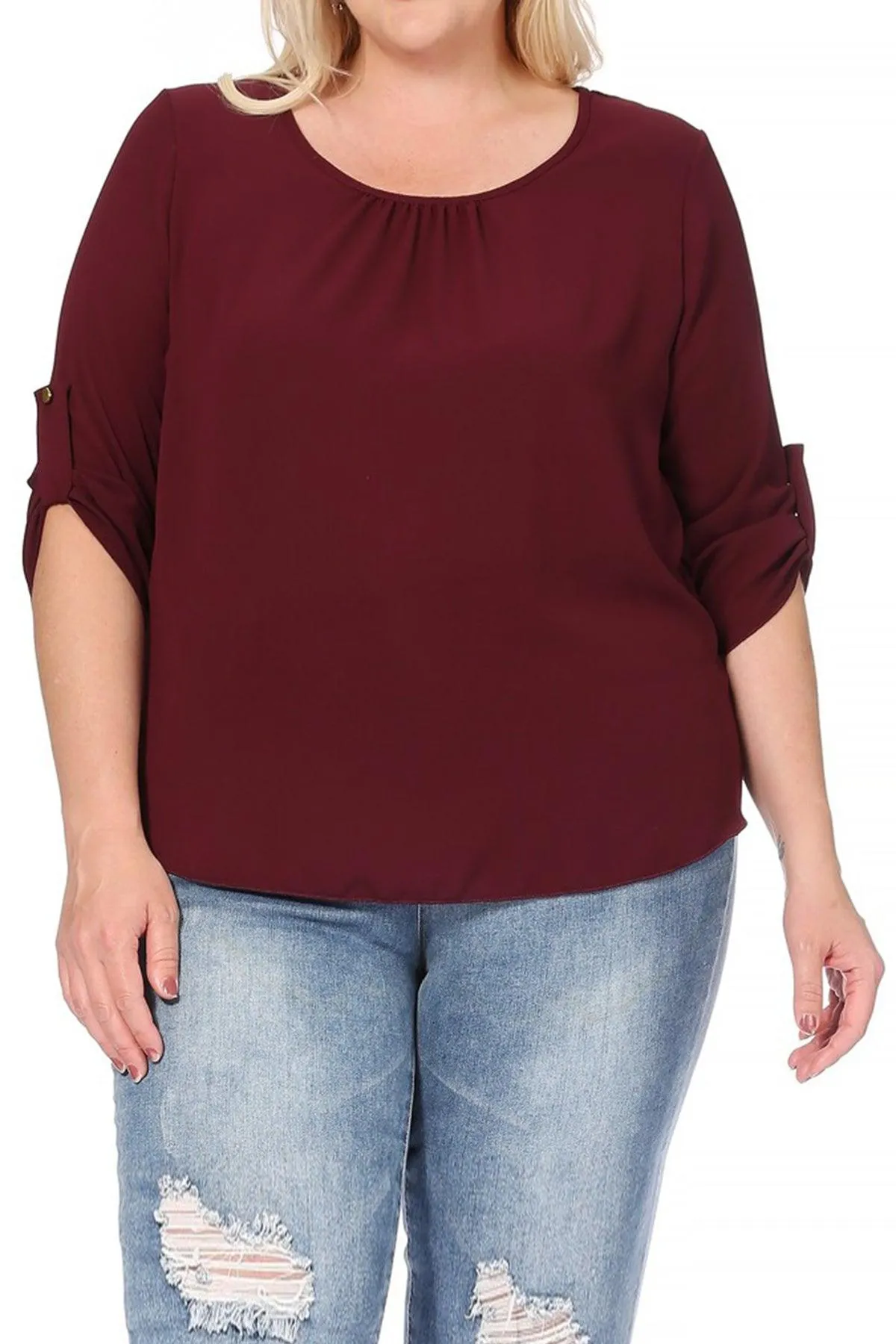 Women's Plus Size Casual Round Neck Loose Fit Roll Tab 3/4 Sleeve Blouse