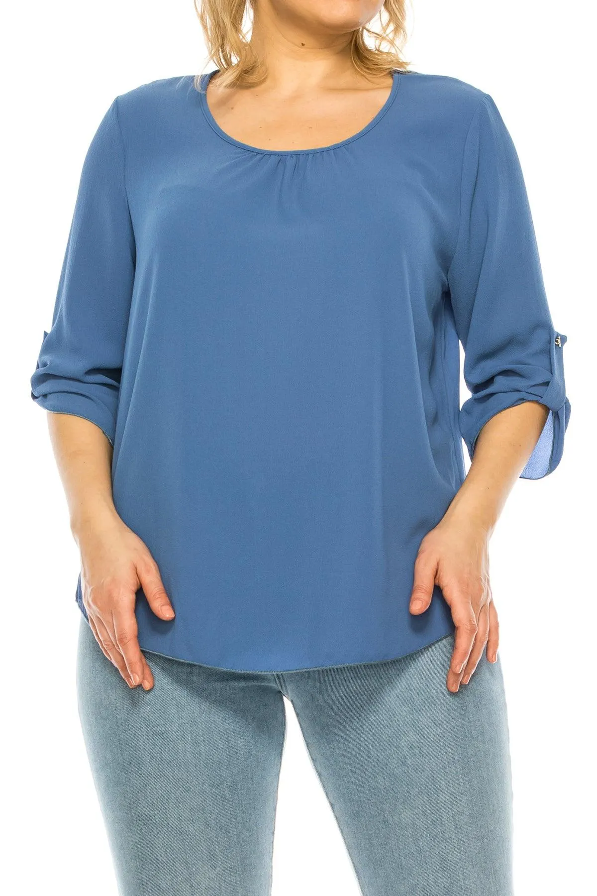 Women's Plus Size Casual Round Neck Loose Fit Roll Tab 3/4 Sleeve Blouse