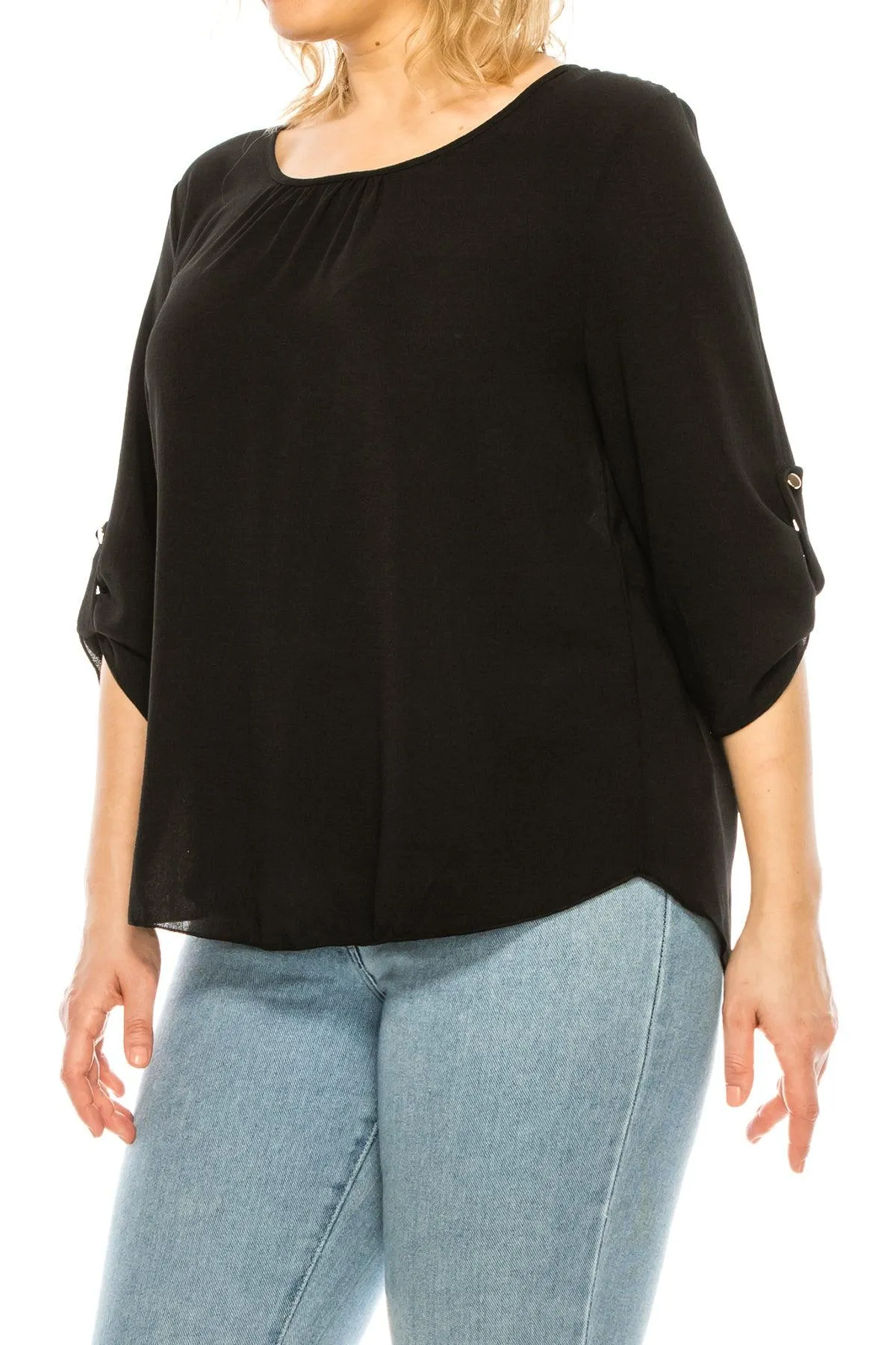 Women's Plus Size Casual Round Neck Loose Fit Roll Tab 3/4 Sleeve Blouse