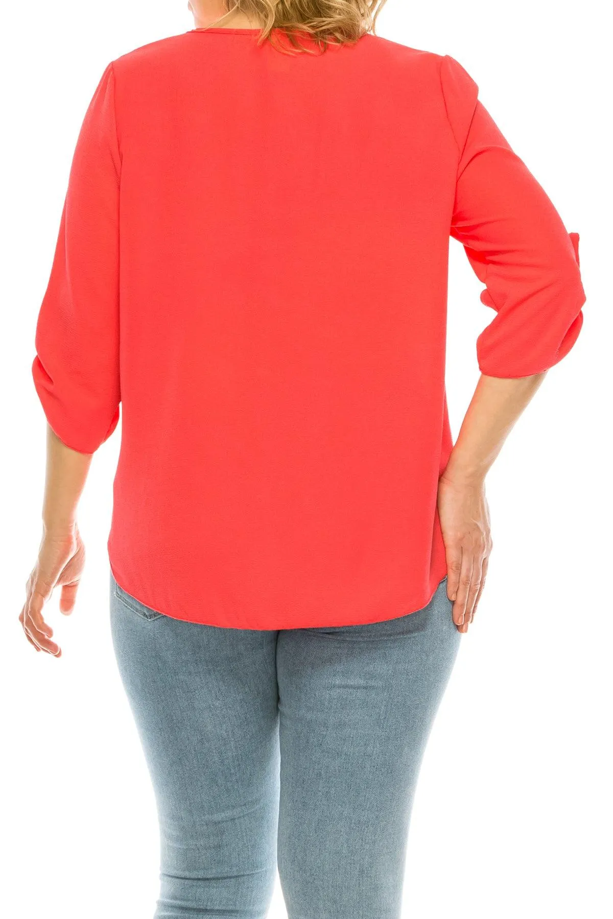 Women's Plus Size Casual Round Neck Loose Fit Roll Tab 3/4 Sleeve Blouse