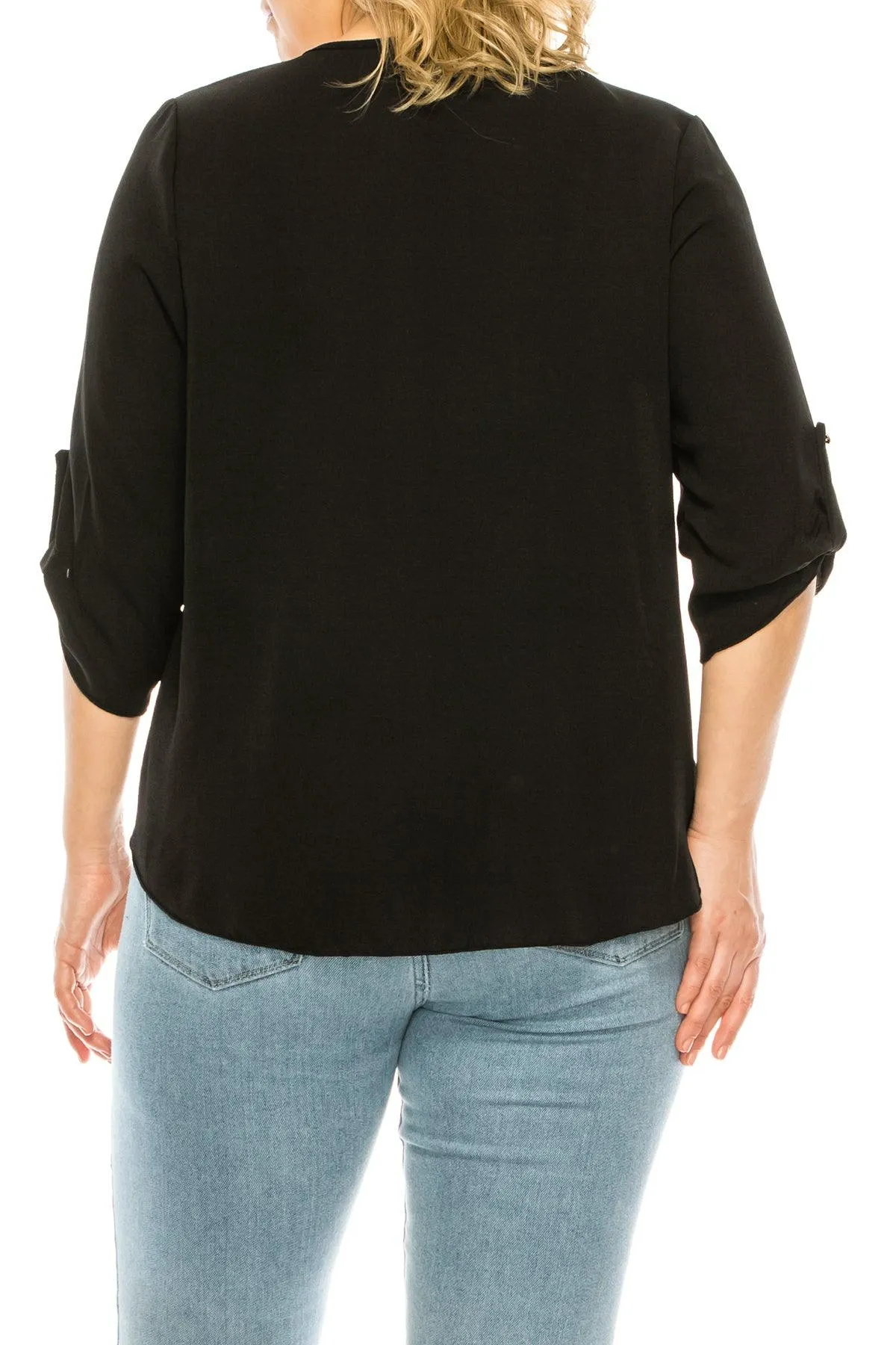 Women's Plus Size Casual Round Neck Loose Fit Roll Tab 3/4 Sleeve Blouse