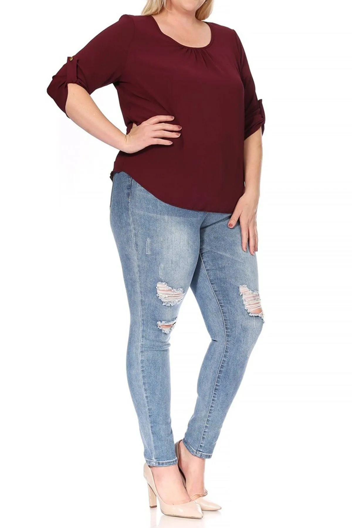 Women's Plus Size Casual Round Neck Loose Fit Roll Tab 3/4 Sleeve Blouse
