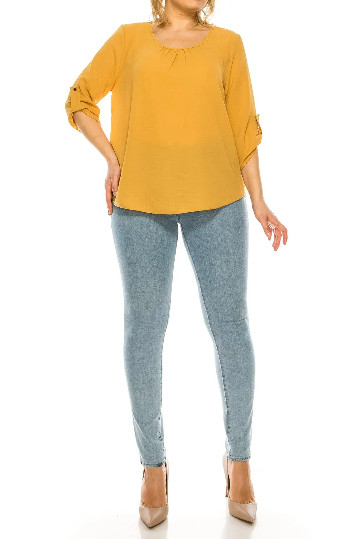 Women's Plus Size Casual Round Neck Loose Fit Roll Tab 3/4 Sleeve Blouse