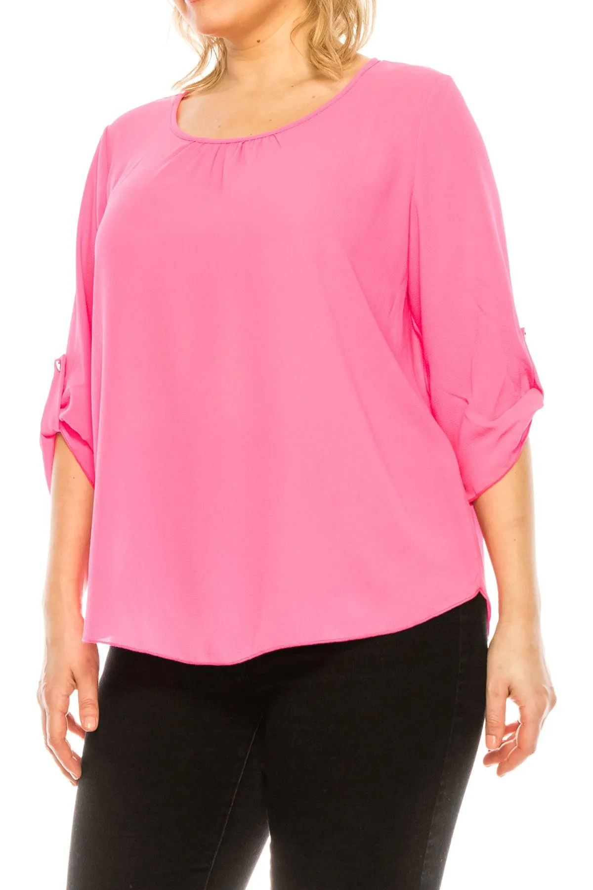 Women's Plus Size Casual Round Neck Loose Fit Roll Tab 3/4 Sleeve Blouse