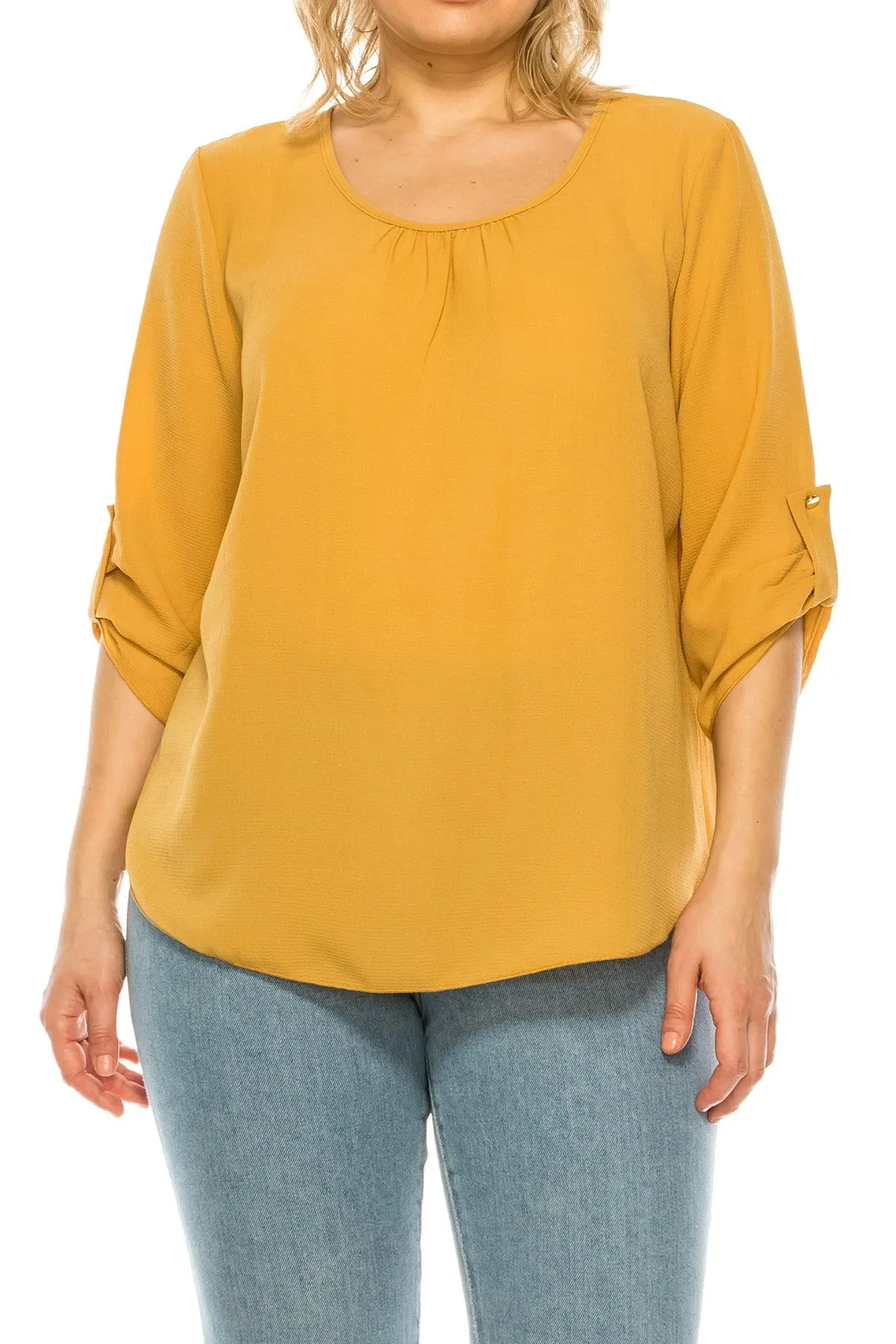 Women's Plus Size Casual Round Neck Loose Fit Roll Tab 3/4 Sleeve Blouse