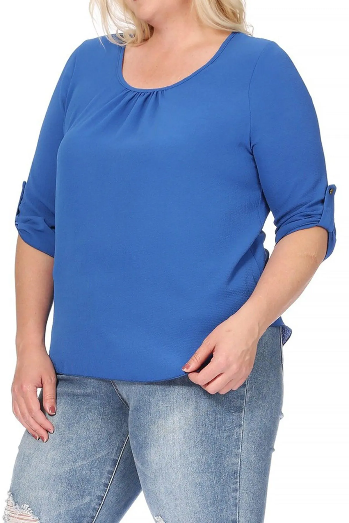Women's Plus Size Casual Round Neck Loose Fit Roll Tab 3/4 Sleeve Blouse