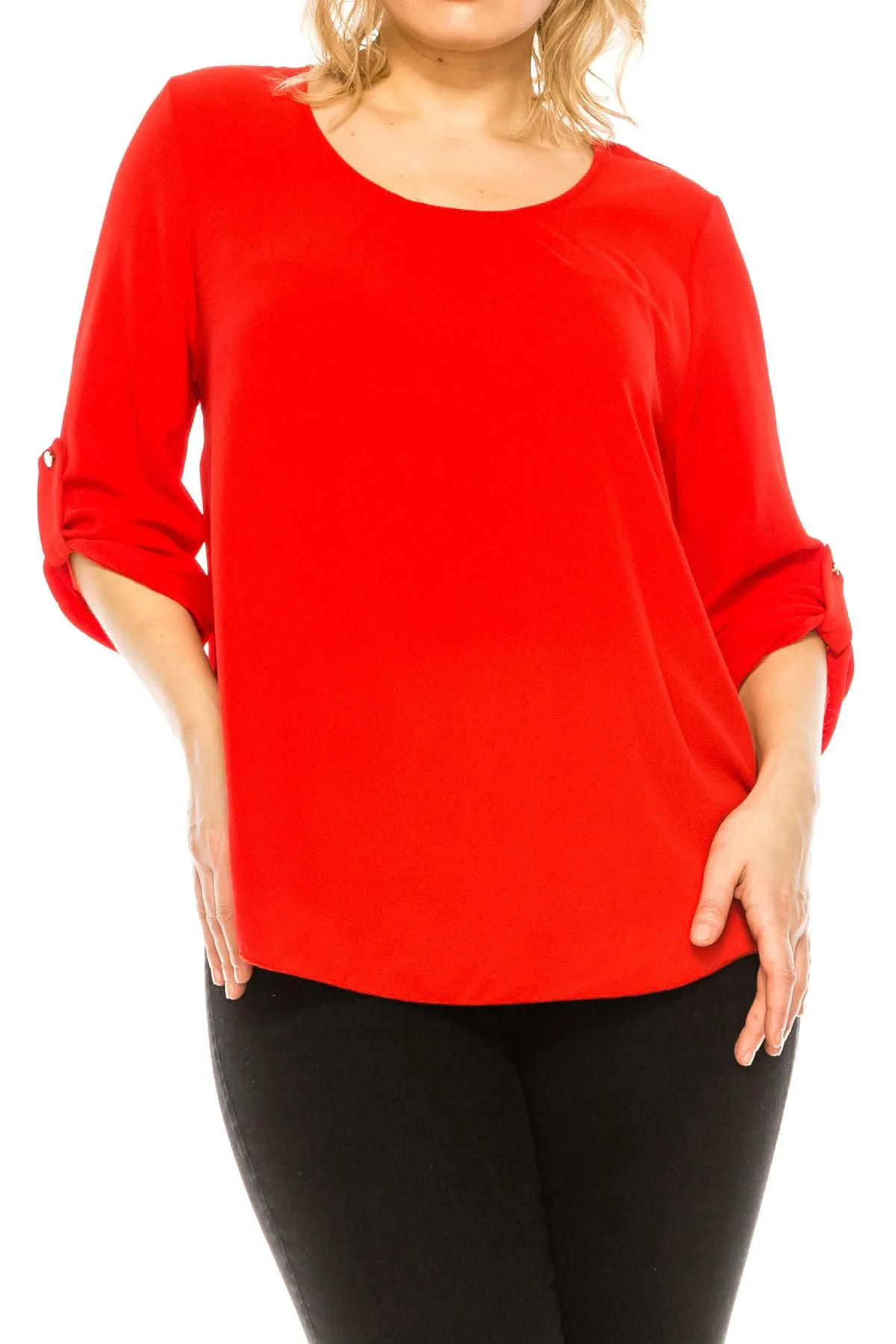 Women's Plus Size Casual Round Neck Loose Fit Roll Tab 3/4 Sleeve Blouse