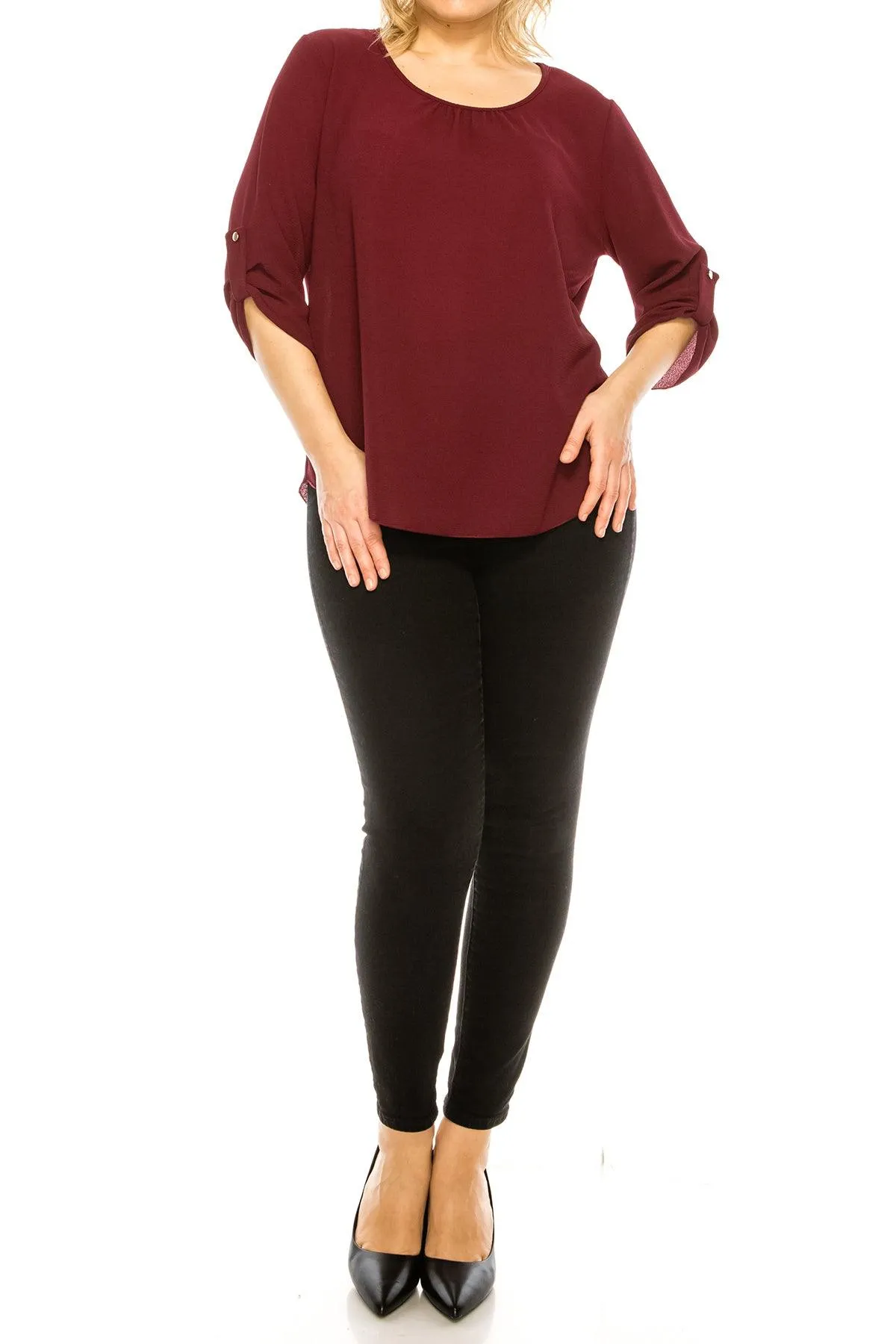 Women's Plus Size Casual Round Neck Loose Fit Roll Tab 3/4 Sleeve Blouse