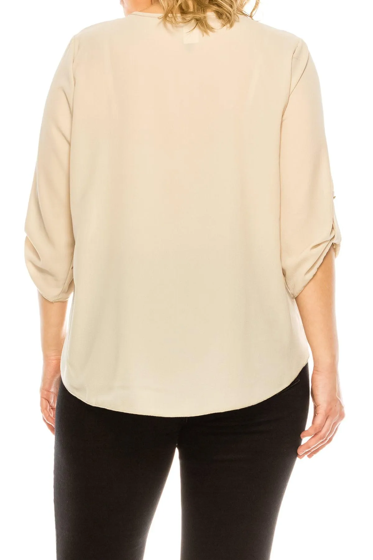 Women's Plus Size Casual Round Neck Loose Fit Roll Tab 3/4 Sleeve Blouse