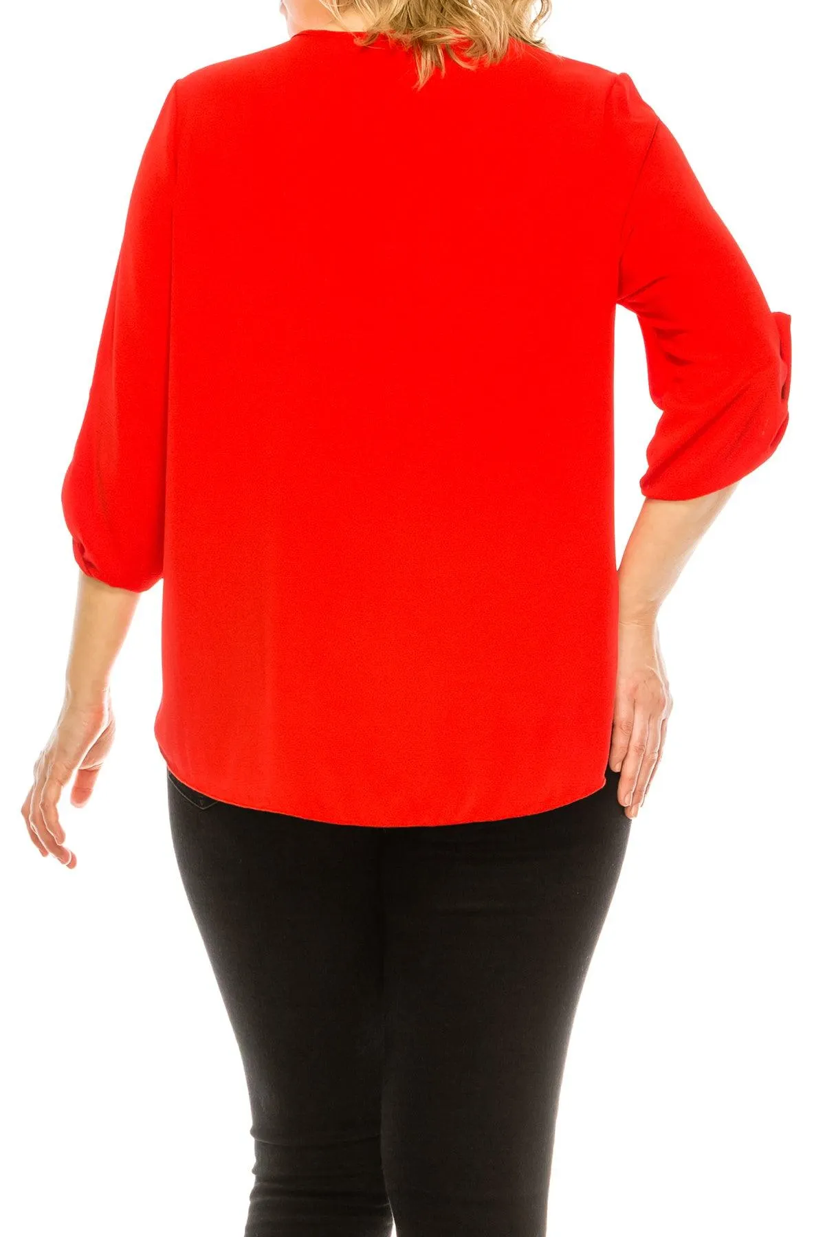 Women's Plus Size Casual Round Neck Loose Fit Roll Tab 3/4 Sleeve Blouse