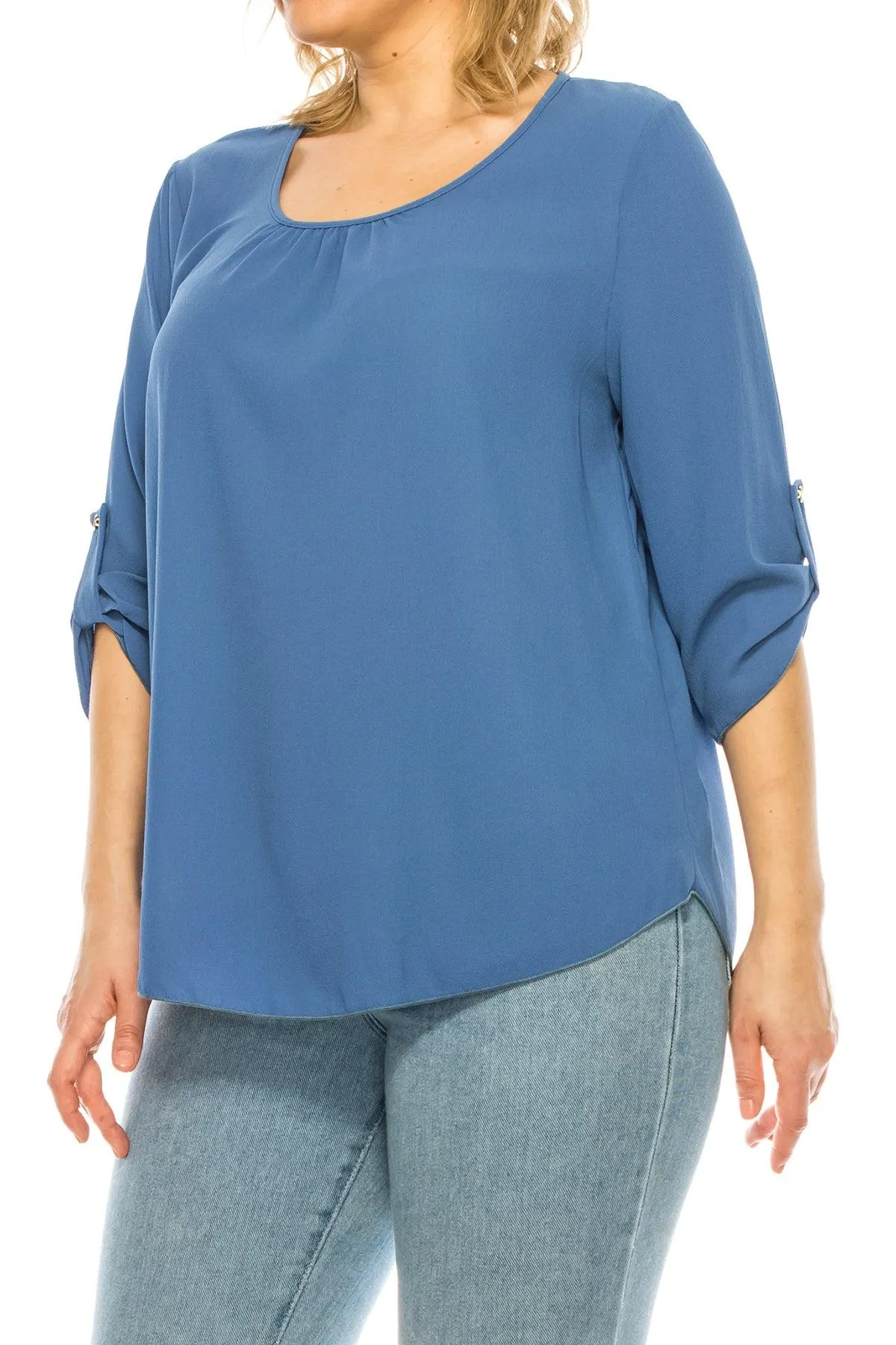 Women's Plus Size Casual Round Neck Loose Fit Roll Tab 3/4 Sleeve Blouse