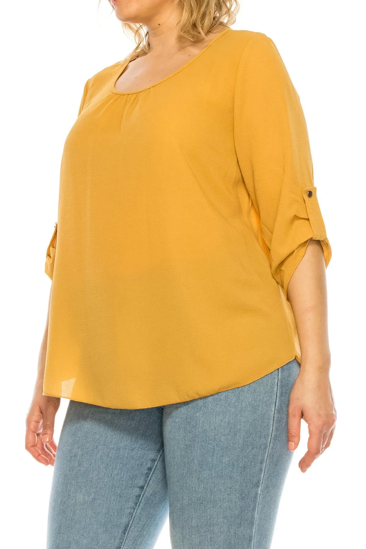 Women's Plus Size Casual Round Neck Loose Fit Roll Tab 3/4 Sleeve Blouse