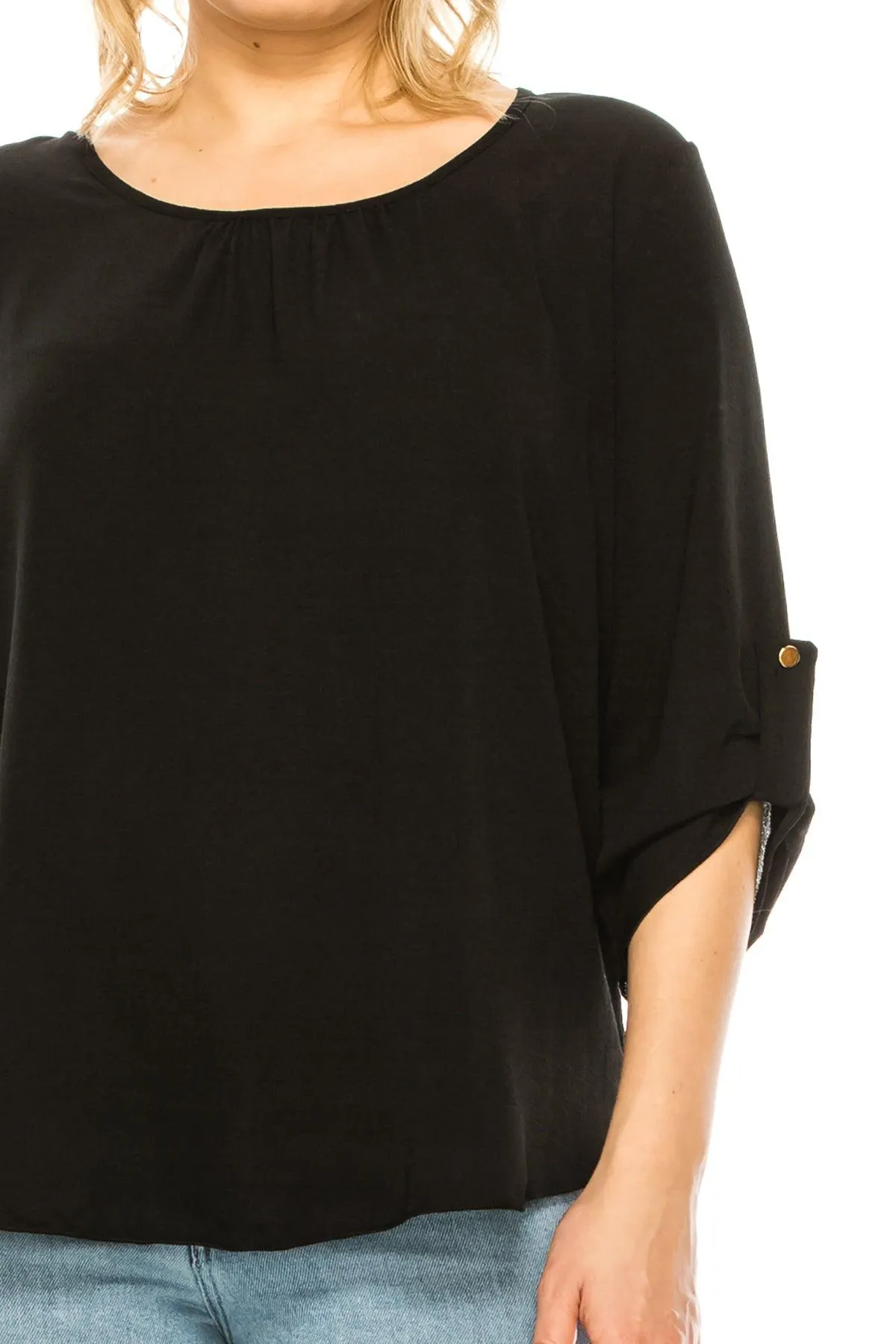 Women's Plus Size Casual Round Neck Loose Fit Roll Tab 3/4 Sleeve Blouse