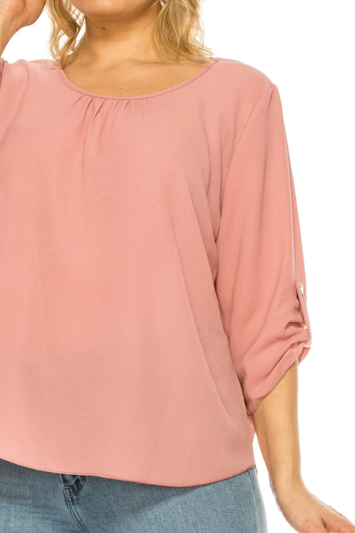 Women's Plus Size Casual Round Neck Loose Fit Roll Tab 3/4 Sleeve Blouse