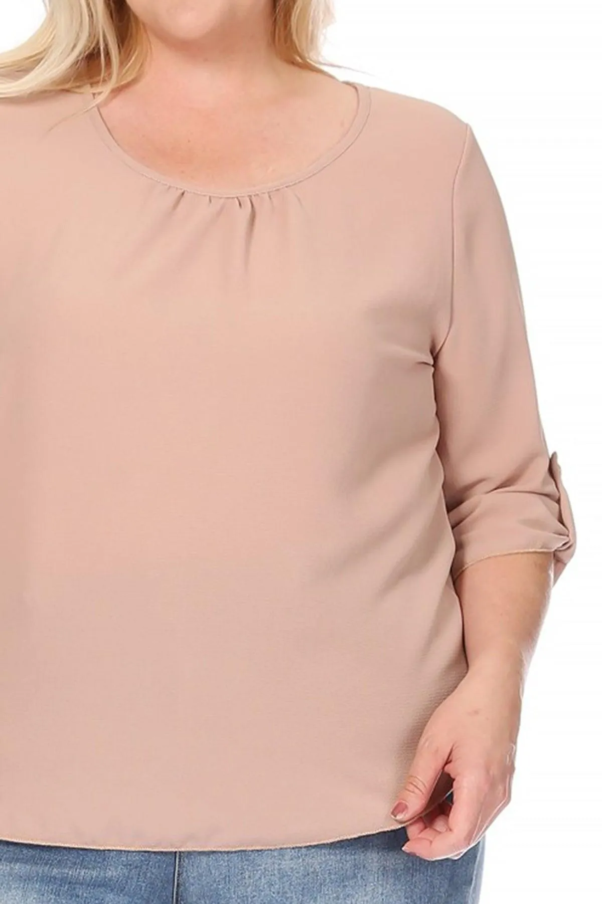 Women's Plus Size Casual Round Neck Loose Fit Roll Tab 3/4 Sleeve Blouse