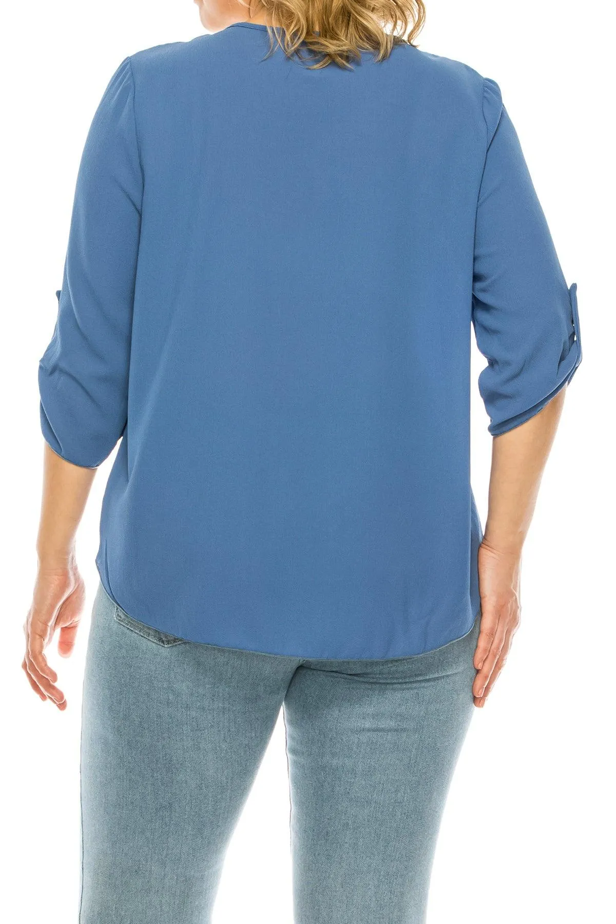 Women's Plus Size Casual Round Neck Loose Fit Roll Tab 3/4 Sleeve Blouse