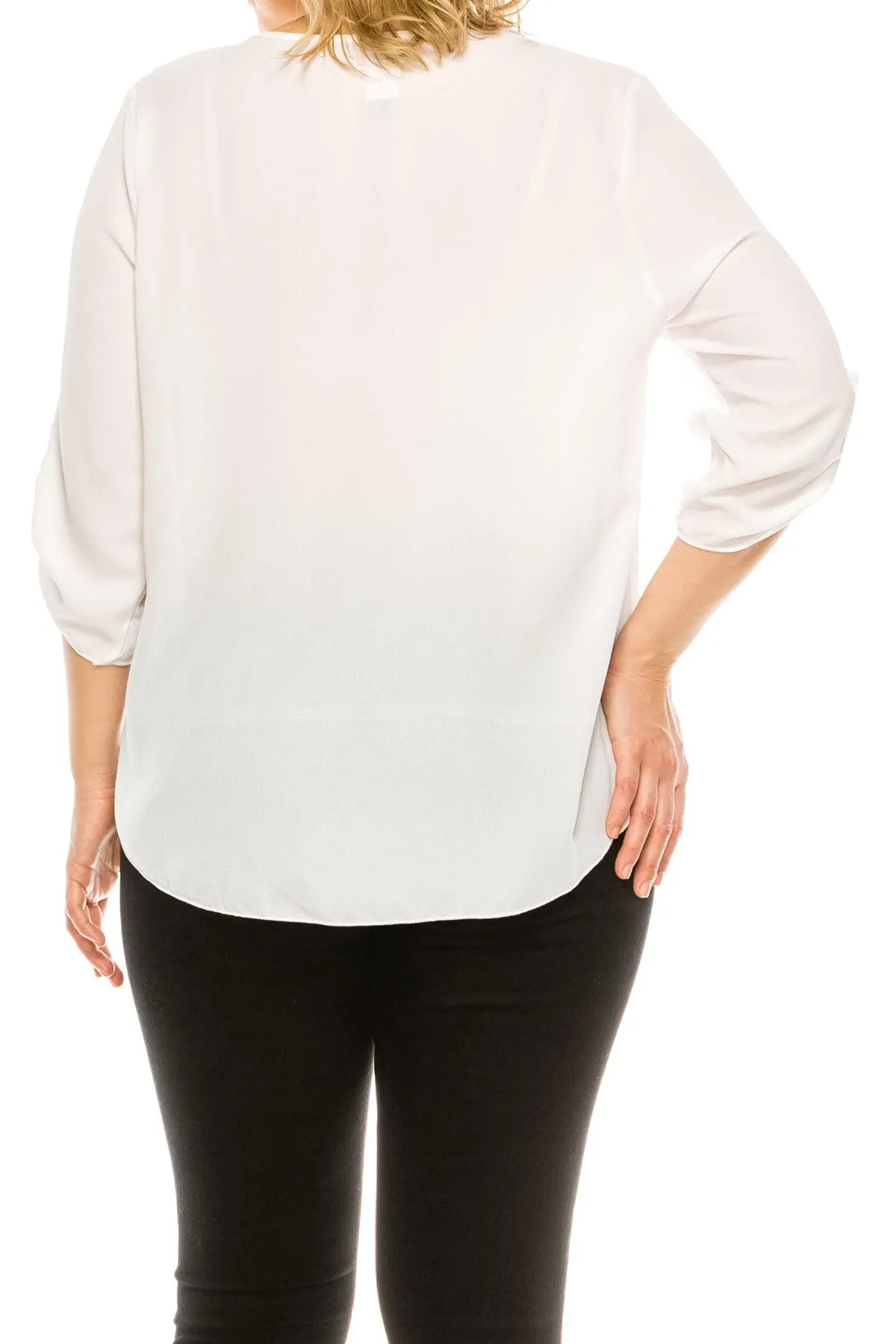 Women's Plus Size Casual Round Neck Loose Fit Roll Tab 3/4 Sleeve Blouse
