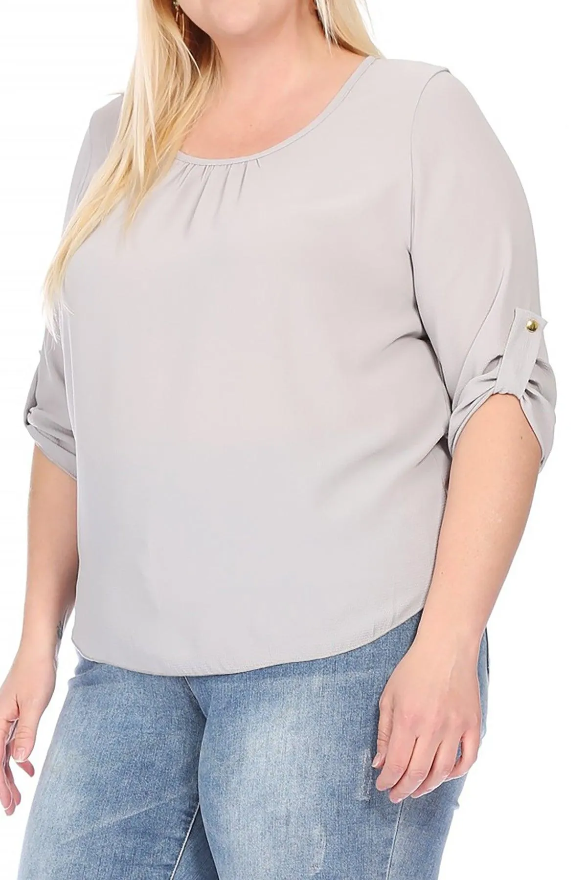 Women's Plus Size Casual Round Neck Loose Fit Roll Tab 3/4 Sleeve Blouse